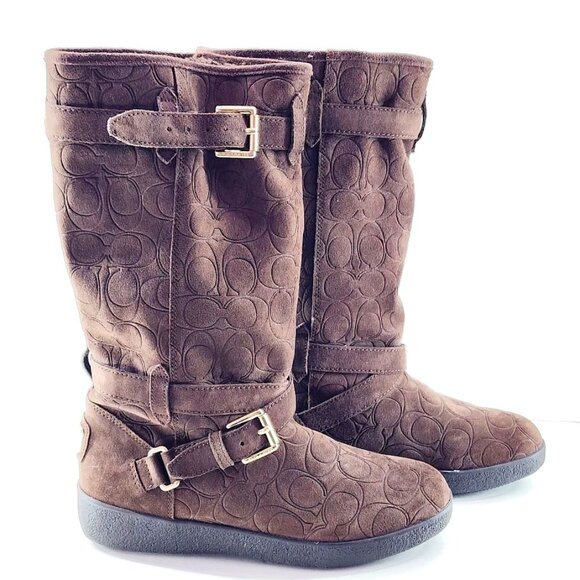 Coach Thelma Boots A4671 Womens Size 7B Brown Logo Embossed Suede Slip On - Picture 1 of 10